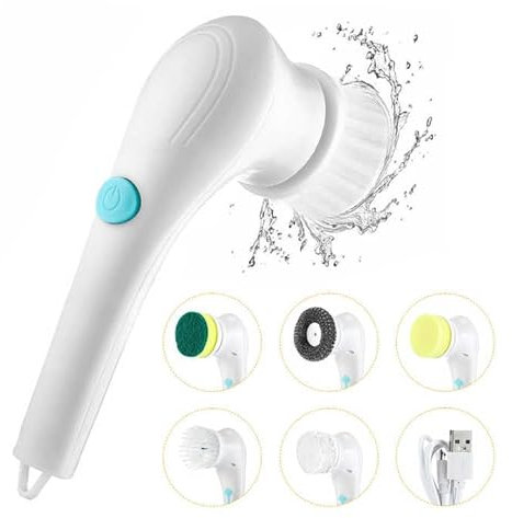 fatdaa Limpiador giratorio eléctrico con 5 cabezales de cepillo, cepillo de limpieza inalámbrico para el hogar, estropajo para limpiar cocina, ventana, fregadero, plato, lechada, pared, bañera