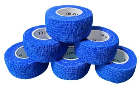6 x Ok-plast Fingerpflaster 2,5 cm Breit | Selbsthaftend | Klebt nicht auf Haut & Haare | für Mensch & Tier (6 Rollen, Blau)