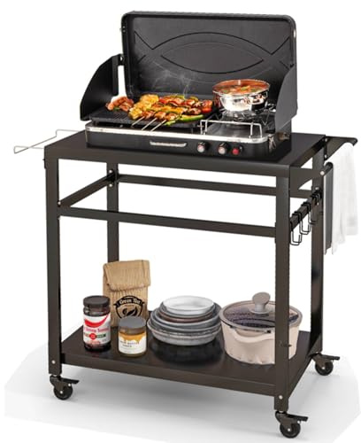 SFAREST Outdoor Grill Cart, Movable Pizza Oven Table BBQ Trolley with 4 Hanging Hooks & 4 Lockable Casters, Metal Garden Serving Cart for Patio Backyard (108 x 50 x 88 cm)