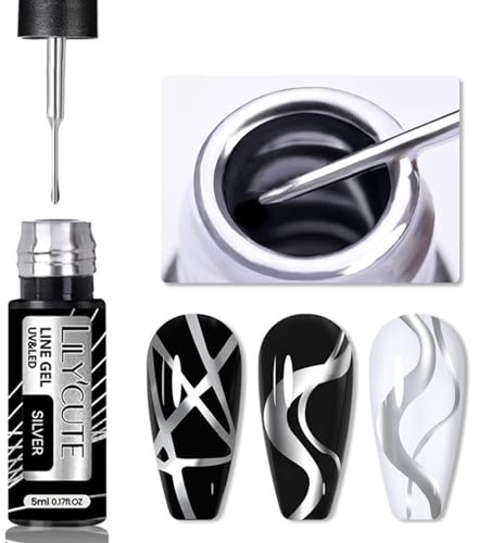 MrCuvaryas Silber Gel Nagellack Liner Nail Art, Metallisch Glitzer UV Nagellack, Gelnägel Farben For French Fineliner, Farbe Gel Polish für Nageldesign Frauen Home Maniküre Geschenke (Silver, S-5ml)