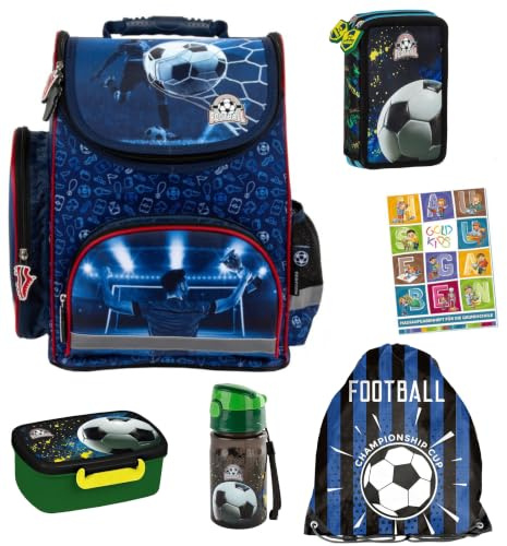 Goldkids - Schulranzen für Jungen, 6er-Set - Schul-Rucksack für Kinder mit Federmäppchen - Schuhbeutel und Hausaufgabenheft - Fußball Motiv - 1-3 Klasse