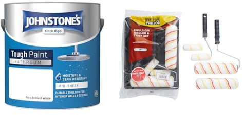 Johnstone's Bathroom Paint - Brilliant White, Mid Sheen Finish, Stain Blocker, 2.5L, Acrylic, 12m2 Coverage, 1-2 Hour Dry Time, 7pc Roller Set (9 & Mini Rollers, Frames & Tray)