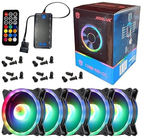 5 x 120mm Pack of Dual-Ring RGB Case Fans Set With Fan Hub And Remote Control, Adjustable Speed and LED Brightness, Quiet & High Airflow - 5 Pack 5x Kit 12cm, Small 6-Pin