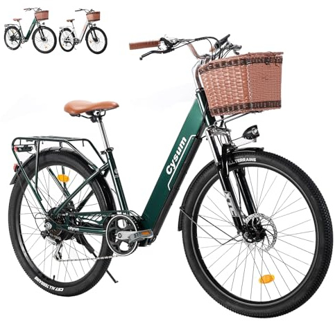 cysum 250W Vélo électrique Urbain Femme, 26 Ville Ebike 7 Vitesses, Banlieue City Electric Bicycle Classique, Pédalage Assisté, Batterie 36V 10Ah, Portée 60-80km, Frein à Disque (Vert)