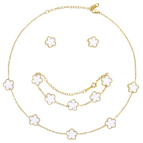 AmorArtSky Lucky Clover Necklace Jewelry Sets,18K Gold Plated Flower Design Five Leaf Bracelet,Clover Necklace Pendant,Clover Earrings for Women Lucky Gifts for Mom,Wife, Daughter,Friends