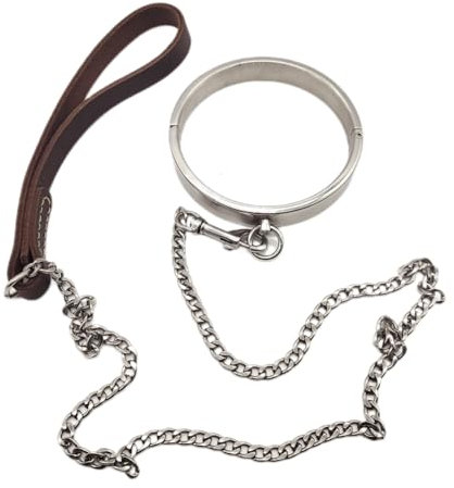 Soarvlorfy Fetisch SM Fesseln Halsbänder mit 120cm Metall Ketten Set Abschließbar Edelstahl Halsband O-Ring Sex Halsfessel Halsreif Erotik Sklave Choker Flirt Erwachsene Sex Spielzeug,Silber,Männer