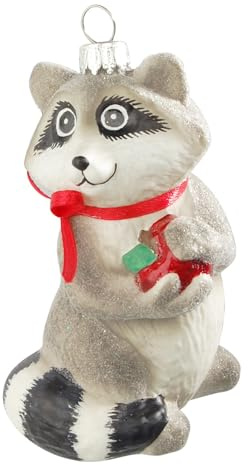 Krebs Glas Lauscha - Christbaumschmuck/Weihnachtsbaumanhänger aus Glas - Motiv: Waschbär mit Apfel - Größe: 9 cm