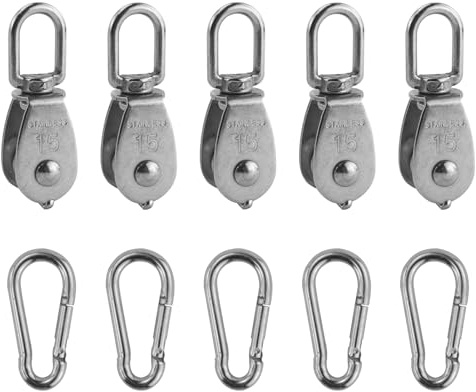 5 stycken remrullar, reprulle i rostfritt stål med 5 stycken fjäderspänne karbinhake, revertrulle för rep, för markis, fitness, vinsch (silver)