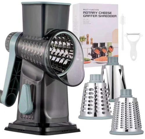 Rotary Cheese Grater with Handle Kitchen Shredder Slicer Grater Slicer Ice Shaver Cheese Vegetable Nuts Potato Zucchini Chocolate 3 Interchangeable Blades (GreyBlue)