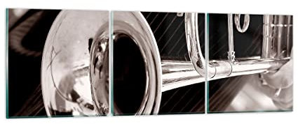 ARTTOR Mehrteilige Bilder auf Glas Musik Trompete Instrument Orchester Glasbild 90x30cm Wandbilder Dekoration Wohnzimmer Schlafzimmer Küche Set 3 teilige Klein Wanddeko Wand Art Modern GCA90x30-1553
