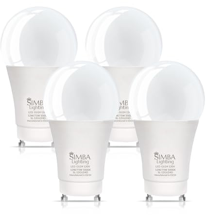 Simba Lighting LED GU24 A19 Light Bulb 12W 75W to 100W Replacement (4 Pack) 120V 2 Prong Twist and Lock Base for Ceiling Lights, Pendants, Outdoor Lanterns, Floor Lamps, Non-Dimmable, 5000K Daylight