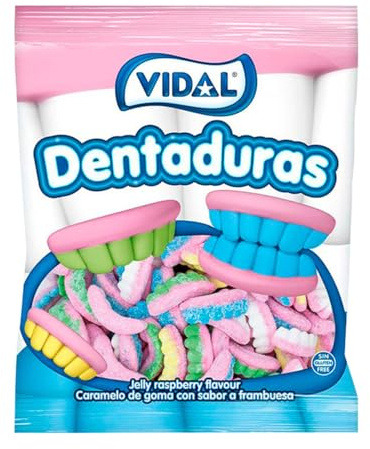 Vidal Golosinas. Dentaduras Pica Originales. Golosinas en forma de dentadura sabor frambuesa con cobertura ácida. Colores blanco, azul, verde, amarillo y rosa. Sin gluten ni grasa. Bolsa 250 u