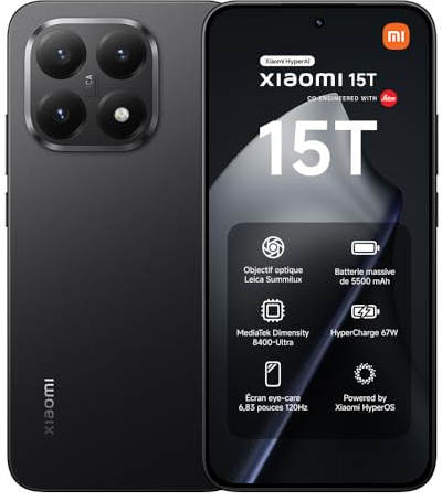 XIAOMI 15T, Smartphone 12 + 256 Go, Écran 6,83 120 Hz avec Protection oculaire, MediaTek Dimensity 8400-Ultra, Objectif Leica Summilux 50 MP, 5 500mAh, Noir, Chargeur Non Inclus
