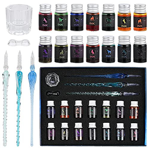 GOLDGE Federhalter aus Glas, 19PCS Glasstifte Set Kalligraphie Glasfederhalter mit Glasstifte Bunte Tinten Glasstifthalter Stifthalter für Unterschrift Handschrift Dekorationsgeschenk