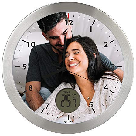 Gran Reloj de Pared Personalizado con Foto · Carcasa de Aluminio Cepillado · Mecanismo Silencioso · Reloj de Pared con Termómetro · Pilas AAA