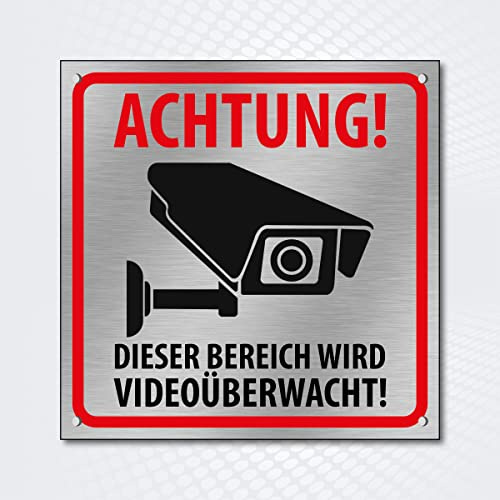Hochwertiges Schild aus gebürstetem Alu-Dibond  ACHTUNG - DIESER BEREICH WIRD VIDEOÜBERWACHT  200 x 200 mm rechteckig | Videoüberwachung | Grundstück wird videoüberwacht |