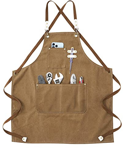 ChuerTech Arbeitsschürze Herren, Robuste Werkzeug Schürze für Männer, Arbeitsschürze mit 3 Werkzeugtaschen für Küche, Garten, Keramik, Werkstatt, Garage und mehr für Herren & Frauen - Braun