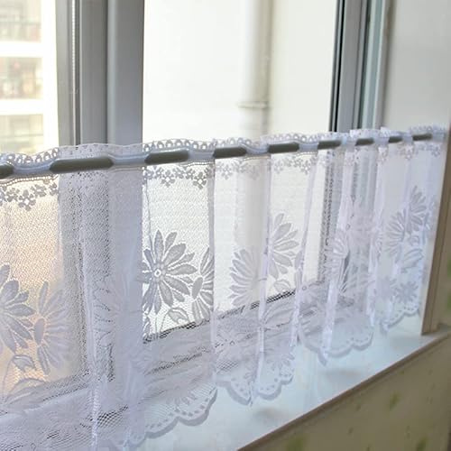 Devola Jacquard Scheibengardine Landhausstil Vorhänge Blumenmuster Kurzgardine Transparent Bistrogardine Kurzvorhang HxB 45x230cm Weiß 1er Pack