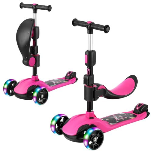 BremToy Monopattino per Bambini da 1-12 Anni, Regolazione Infinita Dell'altezza, Monopattino con Sedile Staccabile, 3 Ruote Luminose a LED, Carico Massimo 50KG, Regali per Bambini Rosa Chiaro