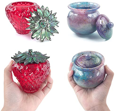 Zsail Moldes de resina de silicona, 4 moldes de resina para tarro de fresa con tapa, moldes de caja de resina epoxi, moldes de silicona para manualidades, caja de baratijas, portavelas, decoración del