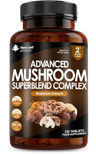 Mushroom Complex - Lions Mane + Cordyceps Chaga Reishi Shiitak,Maitake Mushroomss Blend - High Potency Supplement - Made in The UK - 120 Tablets