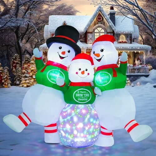 6.5FT/2M Aufblasbare Weihnachtsfiguren Schneemann Familie, Rotierendes LED-Licht Gartendekoration Weihnachtsmann Aufblasbar Innen und Außen Verbesserte Weihnachtsmann Weihnachtsdekoration