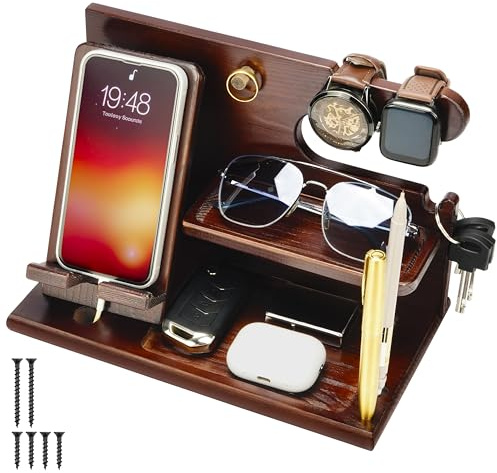 Belle Vous Support Telephone en Bois Marron Foncé - Table de Nuit et Table de Chevet - Vide Poche pour Portefeuille, Montre, Clés et Gadgets - Cadeau Anniversaire Homme, Père
