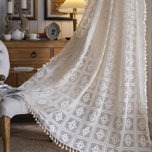 Freyamy Vorhang 2er Set Transluzente Beige,Bestickte Vorhänge mit Stangendurchzug,Stickerei Spitze Gardinen Vintage,Tür Transparent Stangentaschen-Vorhang 160x150cm für Wohnzimmer Schlafzimmer