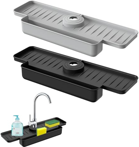 2Pcs Silicone Tap Mat, Tap Sink Splash Guard, Faucet Handle Drip Catcher Pad with Storage Space, Fast Drainage Sink Splash Guard for Kitchen Bathroom Counter Worktop Protect (Gray and Black）