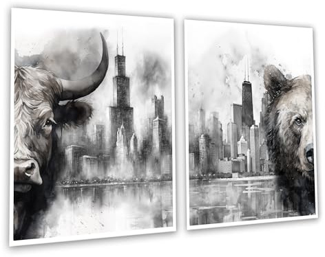 Gnosis Picture Archive Bull and Bear Chicago City Skyline Abstract Watercolor Gray and White Unframed set of 2 Wall Art Poster, Stock Market Day Trader Stock Broker Office Decor gift