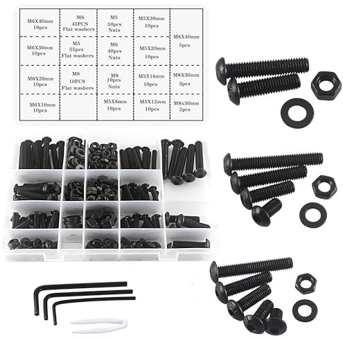 Huruirui Nero M5 M6 M8 Bulloni e Dadi a Testa Cilindrica, Viti a Esagono Incassato Con Rondelle, Set Assortito 310 Pezzi, Kit di Chiusura per Esagonali Con Filettatura