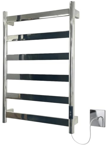 Manissa FALA Stainless Steel Electric Heated Towel Rail 400mm W x 700mm H | Flat Panel, Mirror Polished Finish, Towel Warmer, Bathroom, 2/4hr Timer, Towel Radiator, Energy Efficient, Wall Mounted
