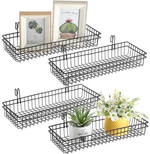 Blulu 4 Pcs 15.75 x 5.91 x 1.97 Inch Metal Grid Wall Baskets with Hooks Grid Wall Shelves Hanging Wire Basket Multi Function Storage Organizer for Kitchen Organizing Display (Black)