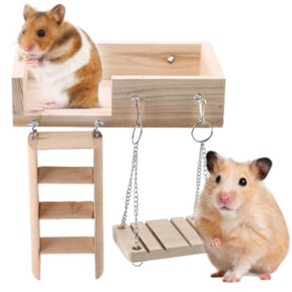 Beufee Hamster-Plattform Mit Leiter, Lustiges Hamster-Kletterspielzeug aus Holz, Hamsterkäfig, Krabbelleiter, Rattenkäfig-Zubehör Mit Schaukeln Für Kleine Haustiere