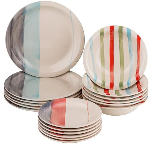 Baroni Home Servito di Piatti da 18 pezzi in Ceramica, Servizio da Tavola Decorato per 6 Persone, Piatto Fondo, Piano, da Frutta o Dolce, Stile (Righe)