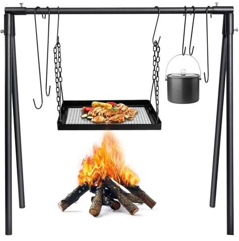 HONYTA Soporte de parrilla de cocina oscilante para fogata, estante de cocina portátil colgante con tubo de acero extraíble, rejilla ajustable y ganchos para barbacoa al aire libre, picnic, utensilios