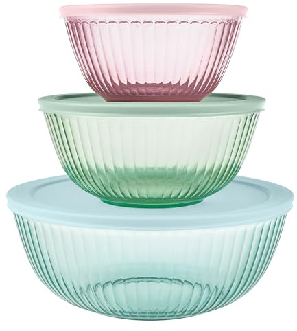 Pyrex Lot de 3 bols mélangeurs sculptés en verre teinté avec couvercles, pour économiser de l'espace pour la préparation et la cuisson, 1,3 l, 2,3 l et 4,5 l (rose, vert, turquoise)