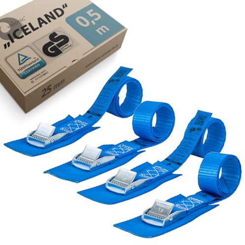 valonic ICELAND - 4x 0,5m Cinghie di fissaggio con fibbia corta, 25mm, 250 Kg, ÜV Rheinl. / GS, EN-12195-2 - blu, Cinghia per bicicletta, 50cm
