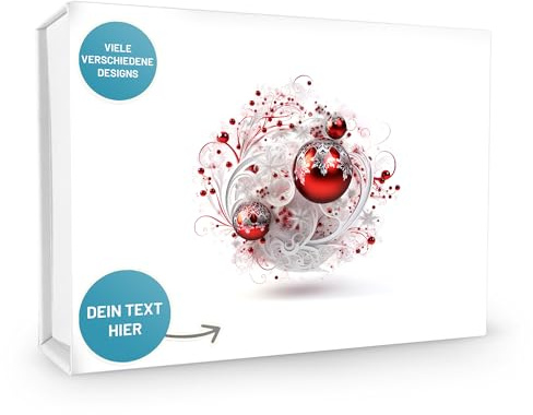 VerpackungsWelt Personalisierte Geschenk-Box | 23x17x5 cm | Geschenk-Schachtel mit Deckel & Magnet | Weihnachtskugel-Motiv Rot | Karton personalisiert in Weiß