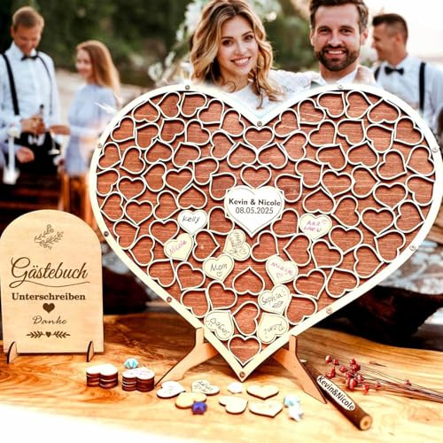 Neamon Hochzeit Gästebuch aus Holz Herzform Alternative Gästebuch Geburtstag Taufe Graduierung Dekoration Holz Puzzle mit 83 Holzherzen 1 Zeichen Stift Set (Jetzt anpassen)