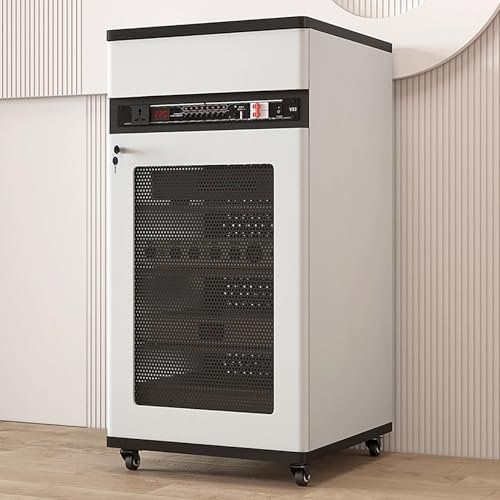 JIAOCKJIAO Phonoschrank, Stereoschrank mit Schublade, Audio Rack Hi Fi Regal mit Kabelloch, Bewegliches Record Player Stand mit Türschloss, mit Verstellbaren Regalen(Wit,52x55x108CM)