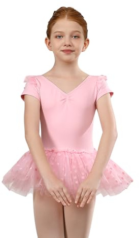 Tutú Vestido Ballet Niña Tutú de Ballet para Bailarina con Mangas Cortas y Lunares, 7003-rosa-N, 4-5T