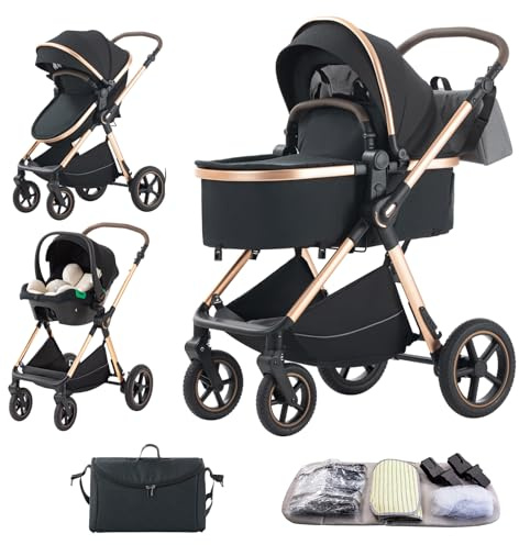 BEBBY Multifunzionale Carrozzina Passeggino Trio Combinazione Passeggino 3 in 1 Passeggino Ovetto Pieghevole Set Passeggino Neonato Sedili Parapiedi Zanzariere (D2-BLACK-1, H2-D)