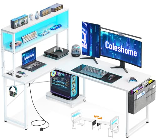 Coleshome L Shaped Gaming Desk with LED Lights & Power Outlet, White