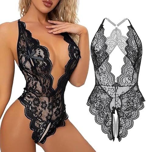 Sexy Lace Bodysuit for Women One Piece Naughty Lingerie Deep V-Neck Hollow Out Teddy Babydoll Transparent Backless Negligee Cutout Wasit Mesh Slim Bodycon Stretch Jumpsuit Leotard Sleepwear
