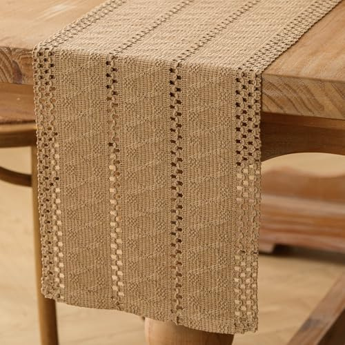Jayusaror Tischläufer Braun Boho Makramee Modern Frühling Bauernhaus Klein Tischdecke Schmal Landhausstil Rustikaler Tisch Läufer Baumwolle Leinen Table Runner für Hochzeit Küche Deko 30x140 cm