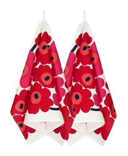 Marimekko Geschirtücher, rot/weiß/orange, 47x70cm, Das Set enthält Zwei Geschirrtücher aus Einer Baumwoll-Leinen-Mischung mit dem Unikko-Motiv. Material: 61% Baumwolle, 39% Leinen.