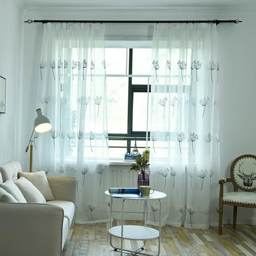 Wycian Vorhänge Vorhang Blumen Blau Voile 2er Pack Blumen Gestickt H138 x B86 cm (2er Pack) Gaze Fertiggardinen