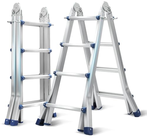 Jiubiaz Escalera telescópica de aluminio, 4,02 m, peldaños 4 x 4, multiusos, extensible y articulado, escalera plegable, escalera de caballete, escalera multiusos de hasta 150 kg