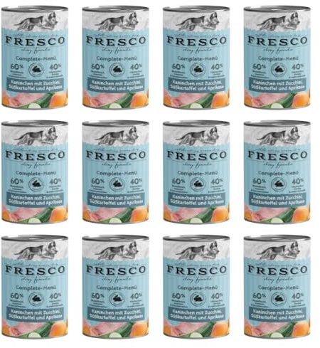 Fresco Complete-Menü Kaninchen mit Zucchini, Aprikose & Borretsch | 12er Pack | 12 x 400 g | Nassbarf für Hunde | Wichtige Proteine & Eiweiß | Grob zerkleinertes Naturprodukt